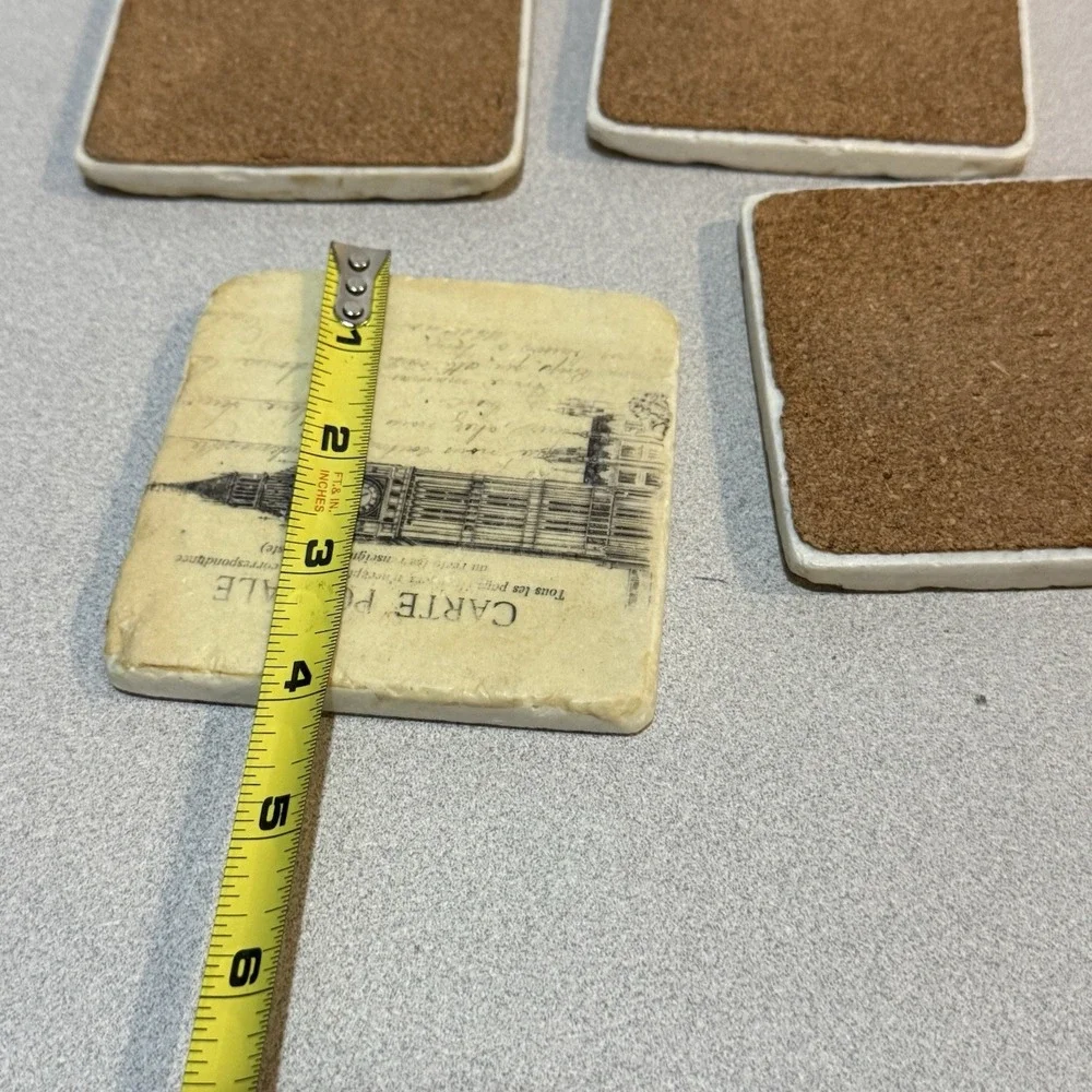 set of 4 cork-backed stone coasters featuring Europe Paris‎ Rome Travel Postcard